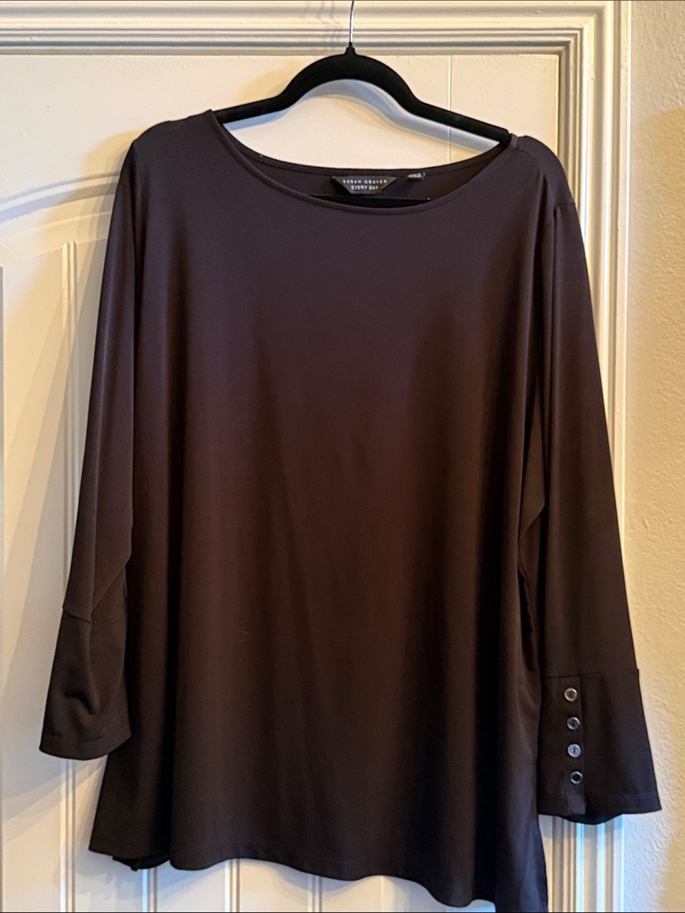 Eileen Fisher Brown Long-Sleeve Crewneck Top with Button Accent